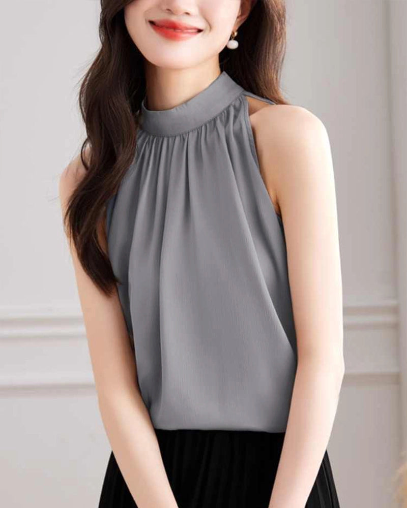 Mock Neck Sleeveless Silk Blouse