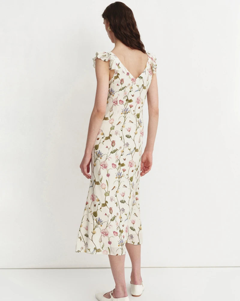Floral Ruffle Shoulder Silk Dress