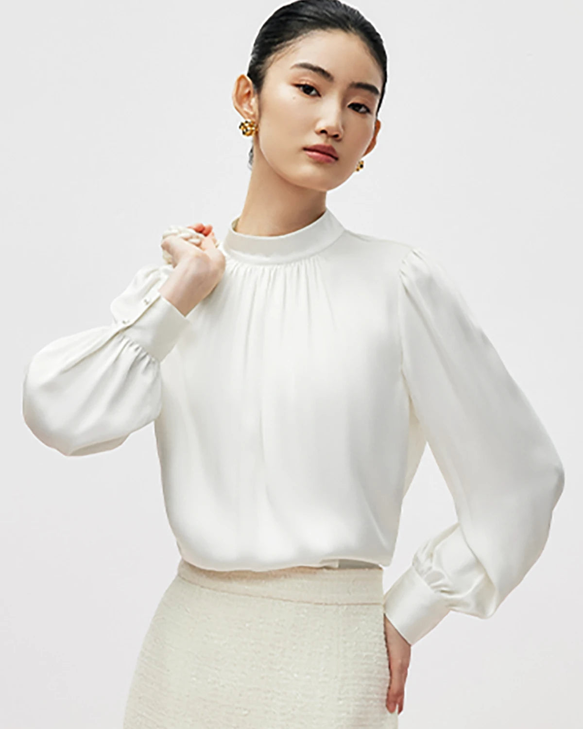 Mock Neck Pleated Silk Blouse