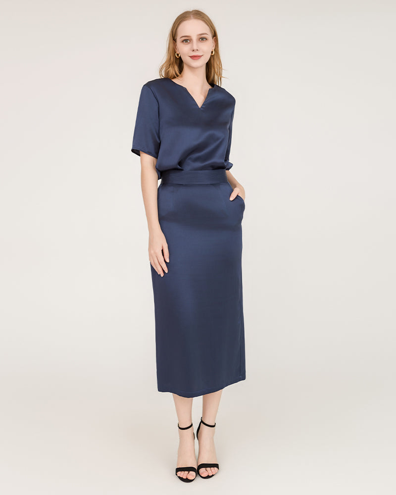 V-Neck Silk Blouse and Silk Midi Skirt Set