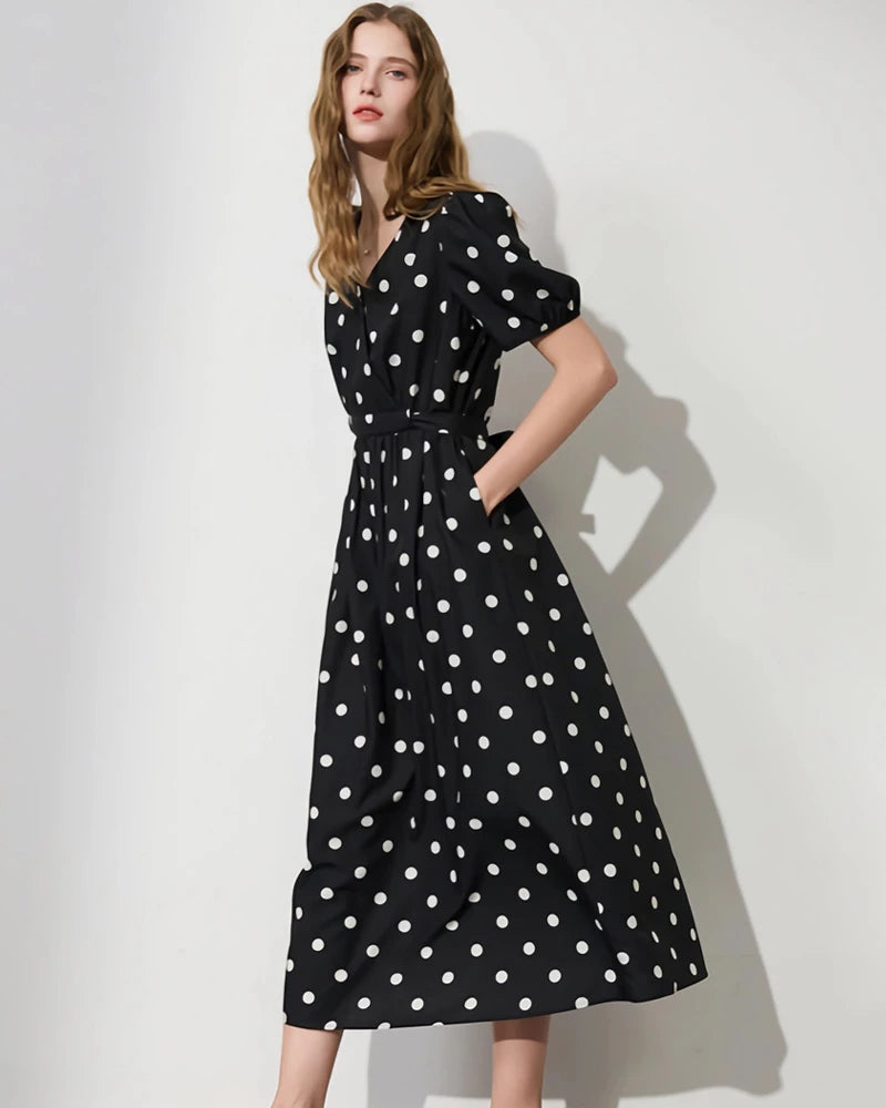 V Neck Polka Dot Silk Dress Short Sleeve