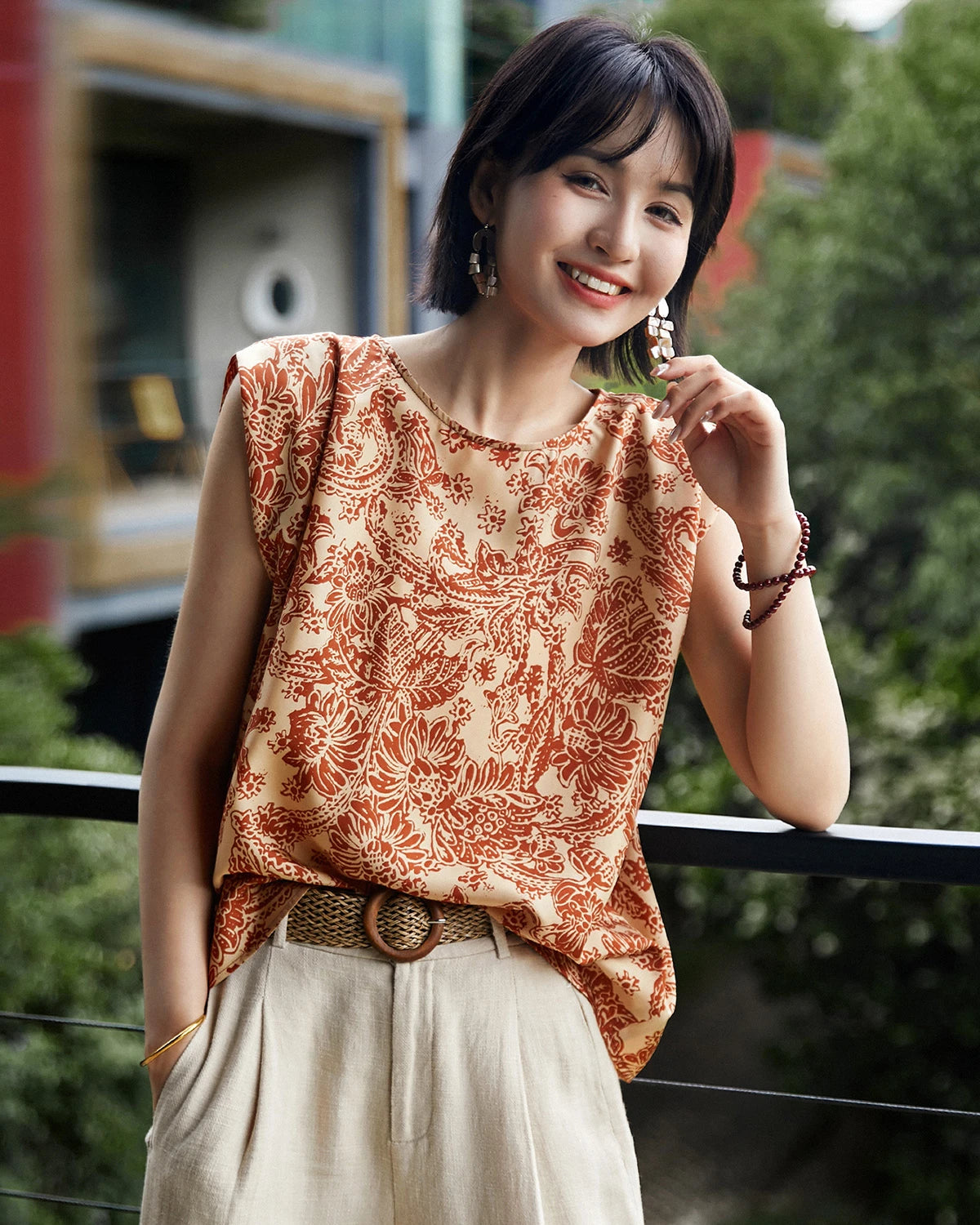 Terracotta Paisley Print Silk Tank
