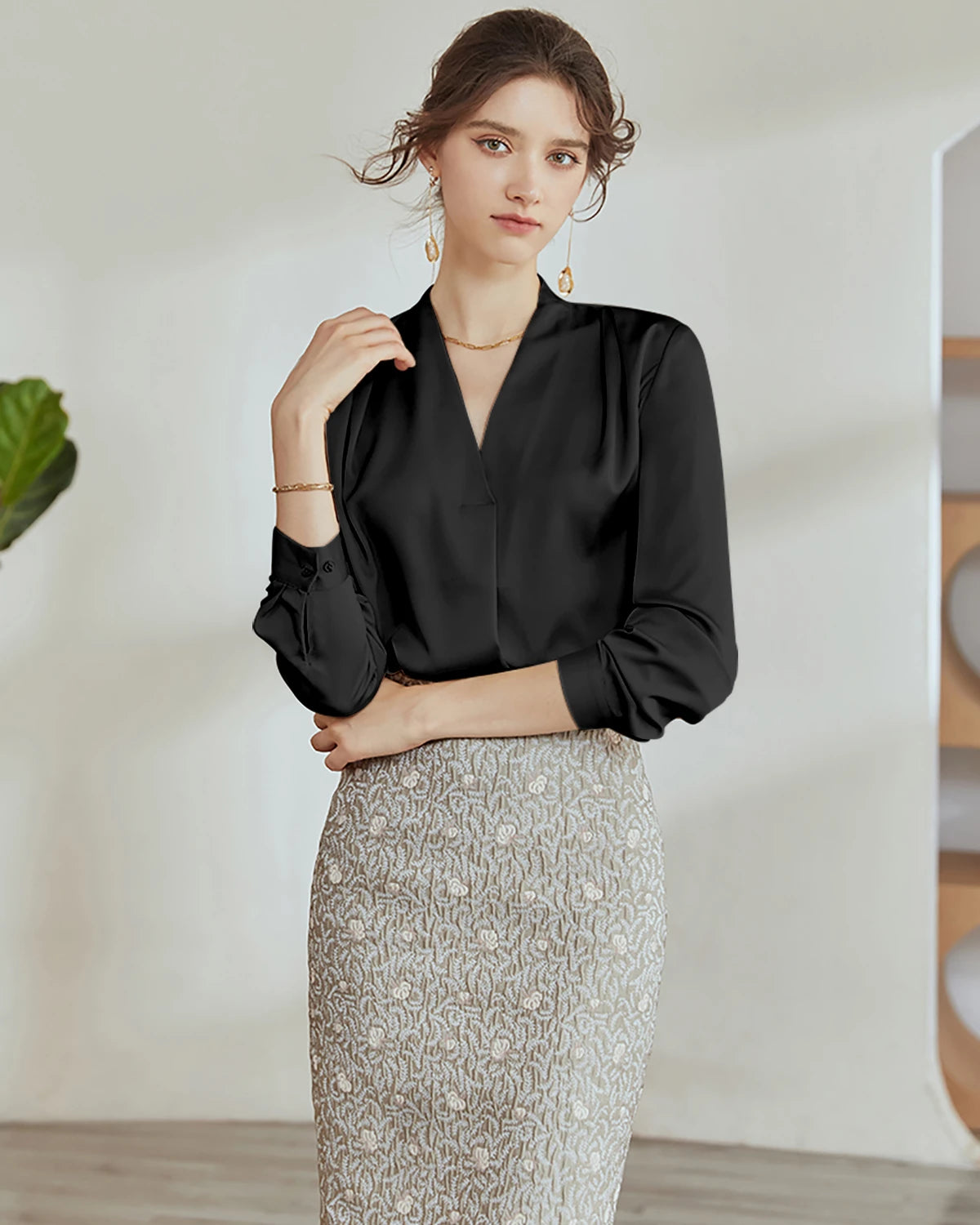 V-Neck Silk Pleated Blouse