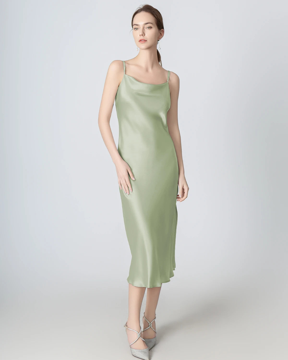Slit Cowl Neck Midi Silk Dress