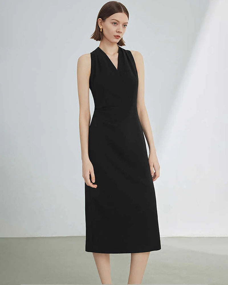 Black Silk Sleeveless Midi Dress