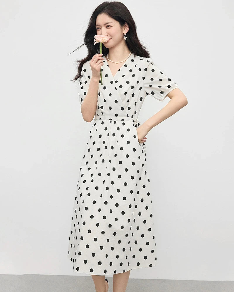 Polka Dot Silk Dress V Neck Short Sleeve