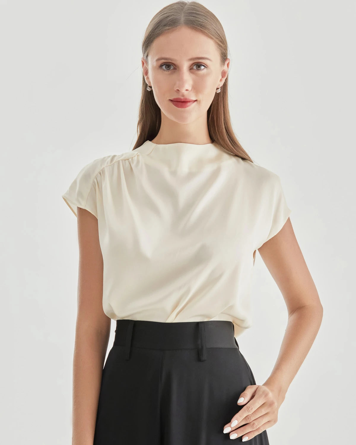 Stand Collar Cap Sleeve Silk Shirt