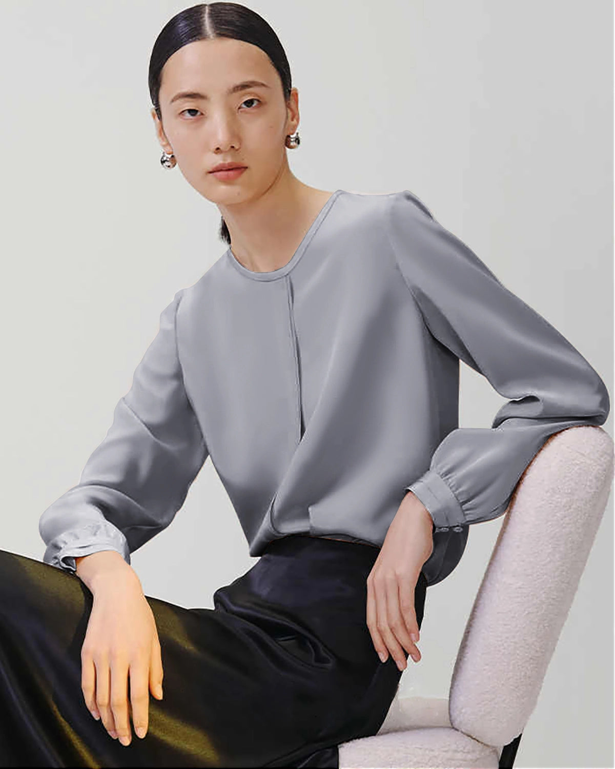 Round Neck Pleated Silk Blouse