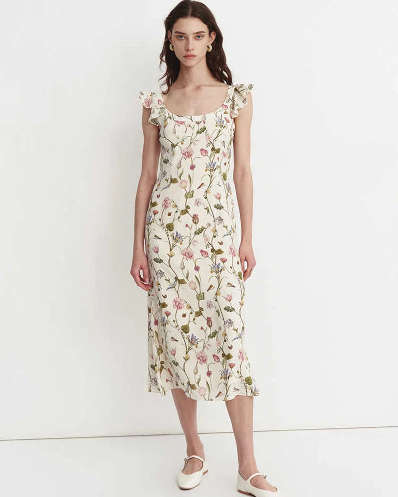 Floral Ruffle Shoulder Silk Dress