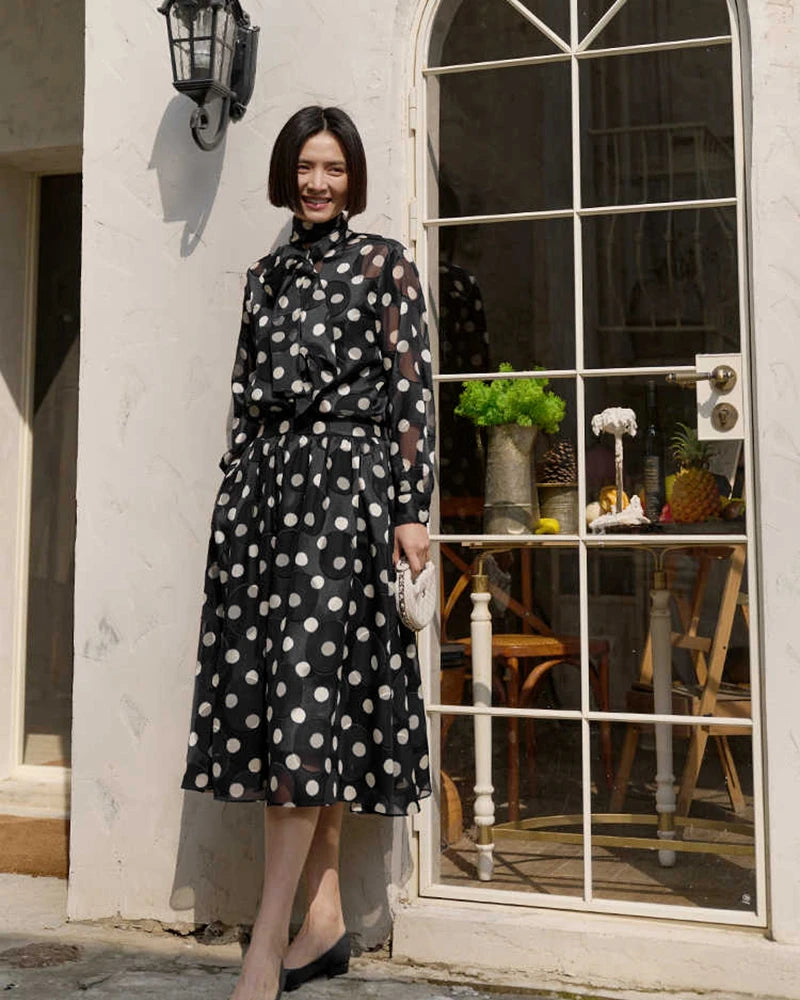 Polka Dot Silk Blouse and Skirt Set