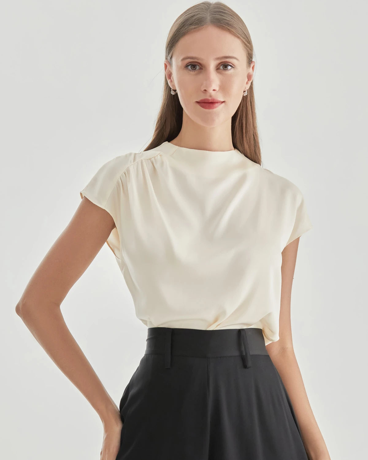 Stand Collar Cap Sleeve Silk Shirt