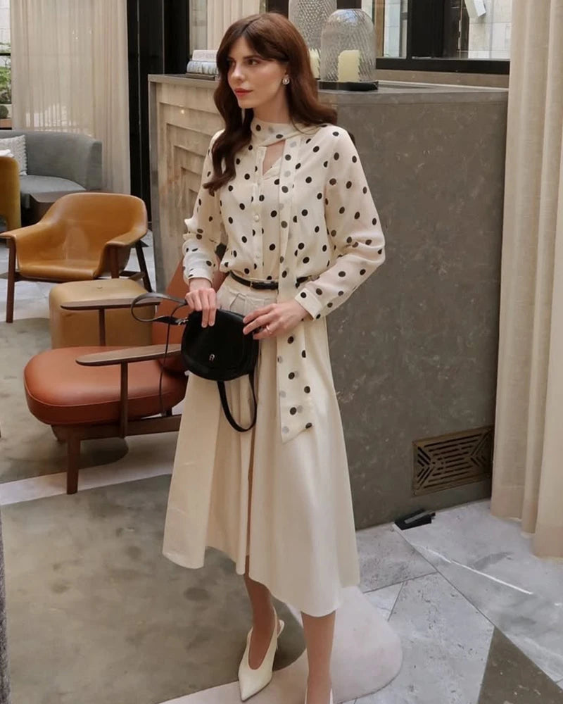 Polka Dot Tie Front Silk Blouse