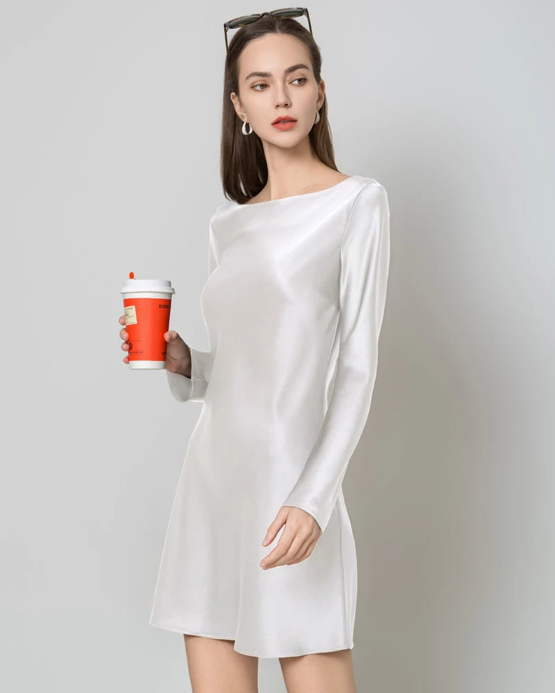 Silk Open-Back Long Sleeve Mini Dress
