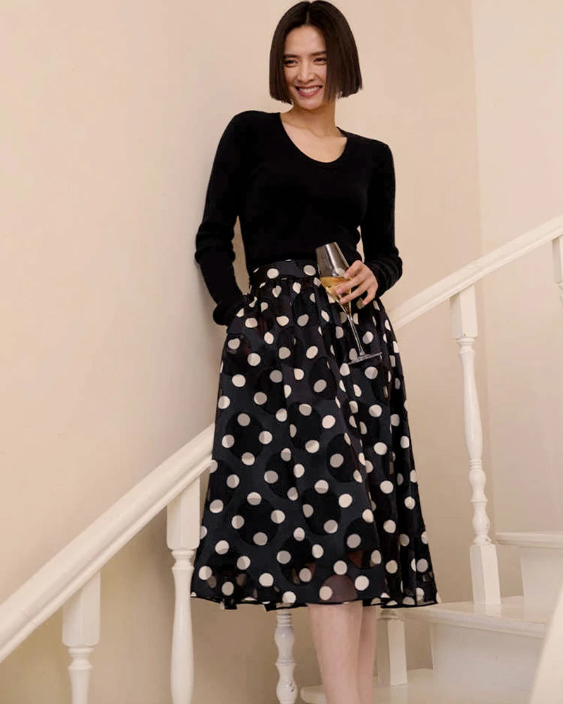 Polka Dot Silk Blouse and Skirt Set