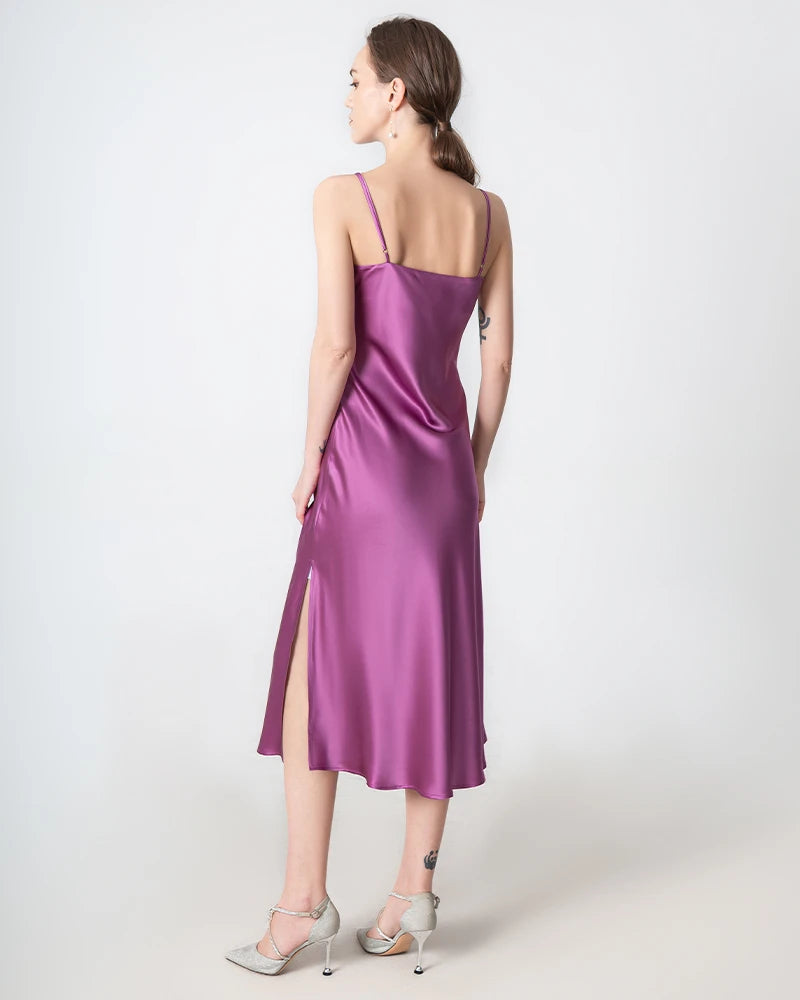 Slit Cowl Neck Midi Silk Dress