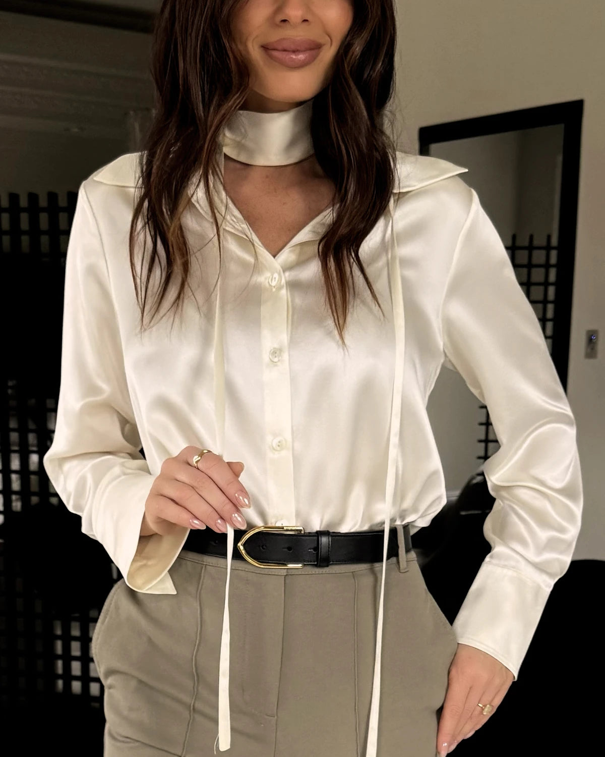 Women's Loose Tie Neck Silk Shirt