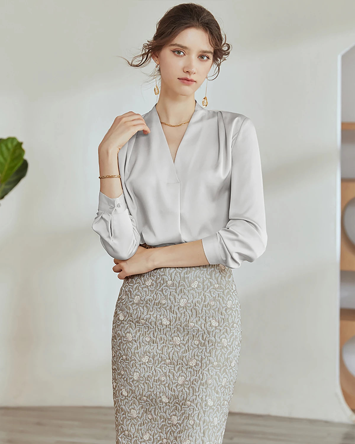 V-Neck Silk Pleated Blouse