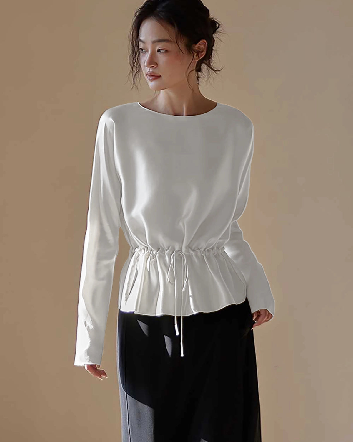Elegant Drawstring Waist Silk Blouse
