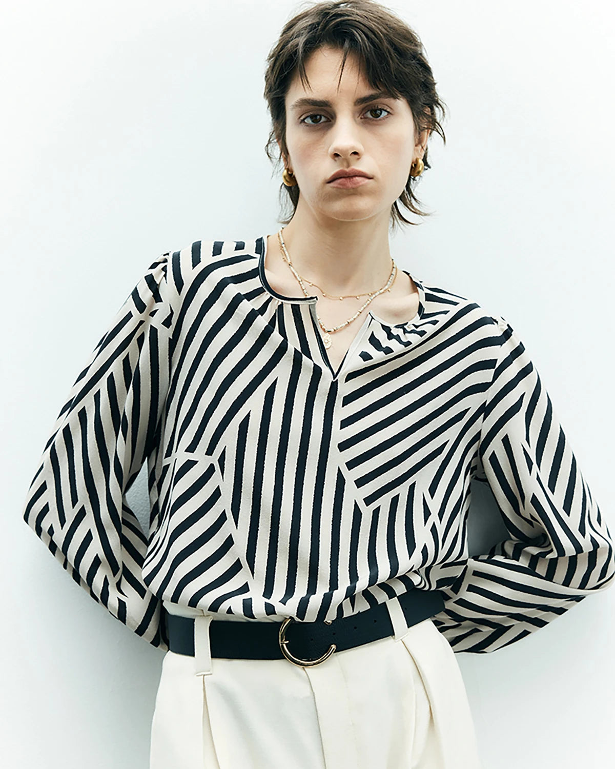 Geometric Stripe Silk Blouse