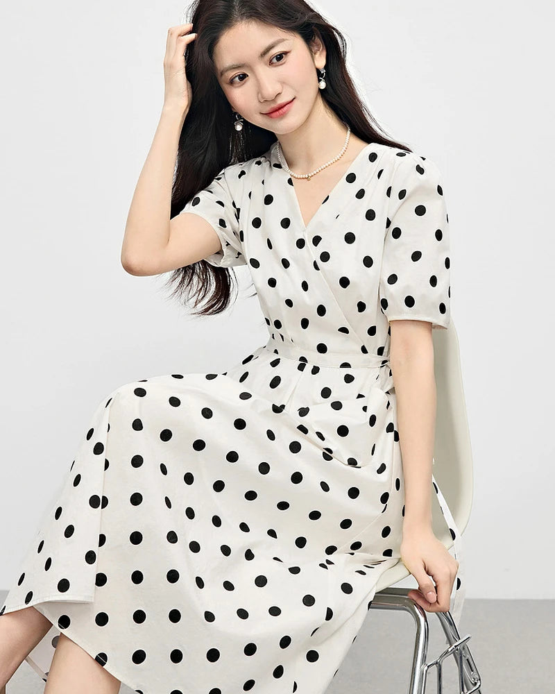 Polka Dot Silk Dress V Neck Short Sleeve