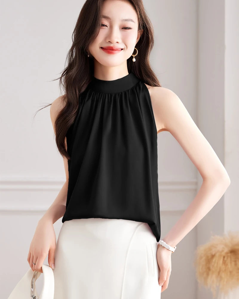 Mock Neck Sleeveless Silk Blouse