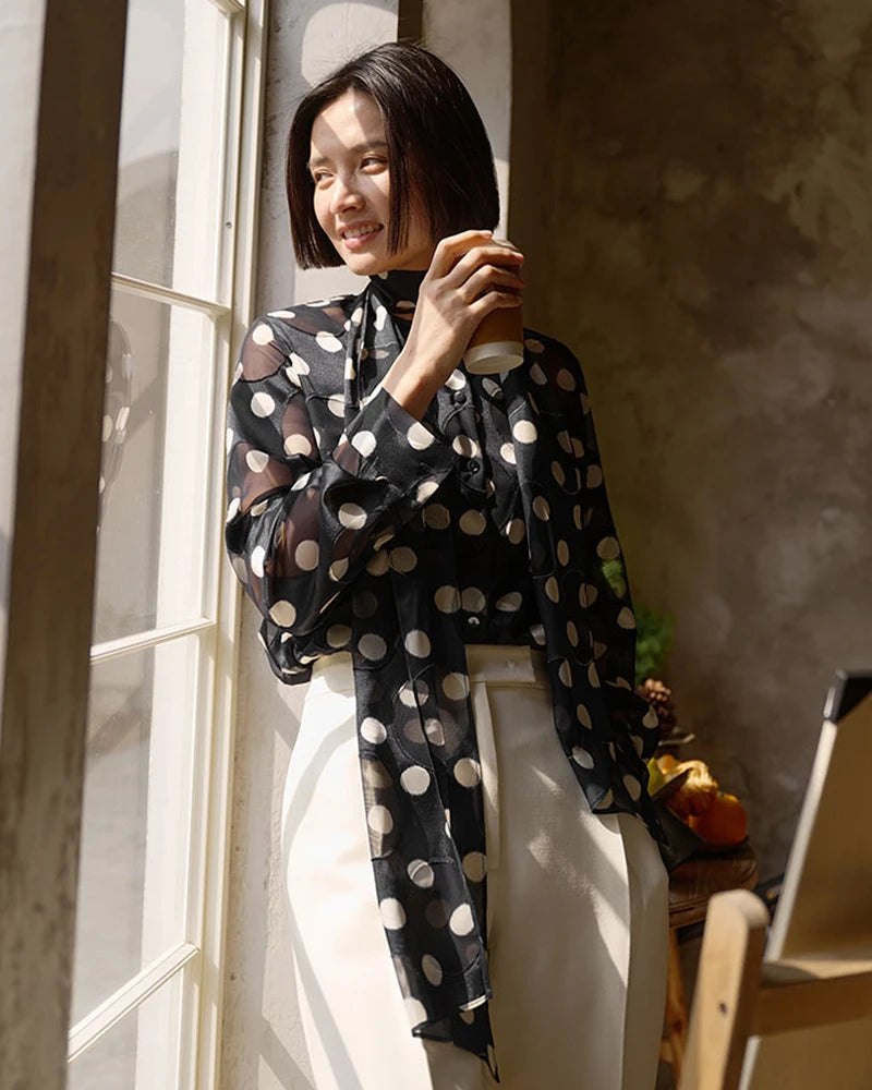 Polka Dot Silk Blouse and Skirt Set